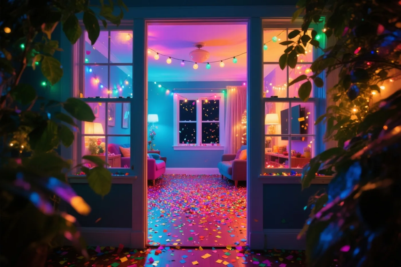 Door een open deuropening is een felverlichte woonkamer met blauwe muren, meubels, confetti op de vloer en feestlichtjes aan het plafond en bij de ramen te zien.