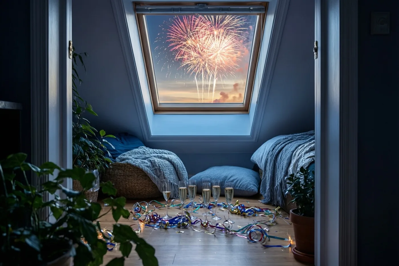Een zolderkamer met blauwe muren en blauw beddengoed heeft een dakraam met zicht op vuurwerk en champagneglazen en slingers op de houten vloer.