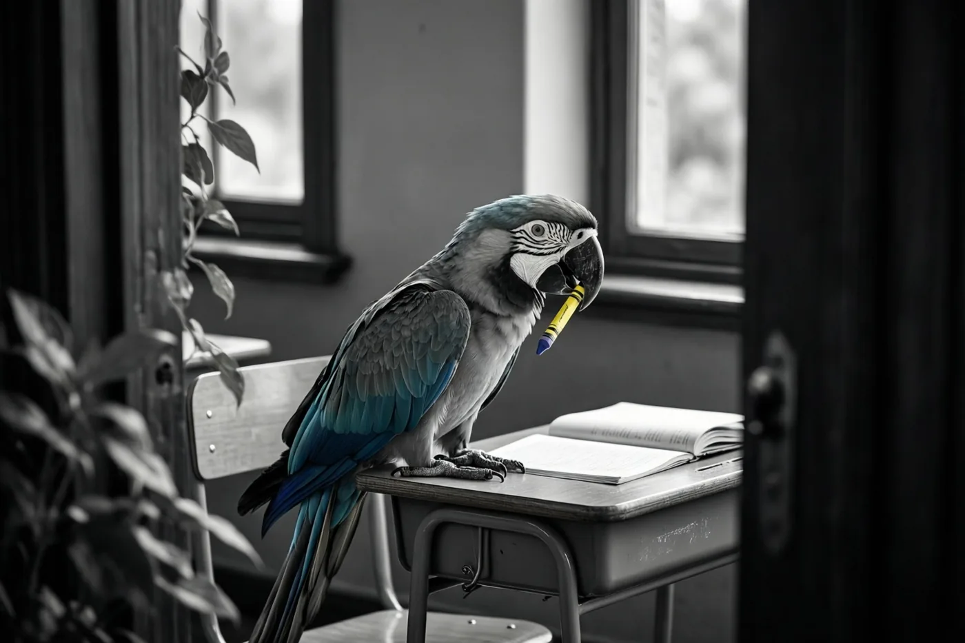 Een blauwgrijze ara zit op een schoolbank met een geel waskrijtje in zijn snavel en een open boek naast zich, in een grotendeels zwart-wit klaslokaal met ramen en planten.