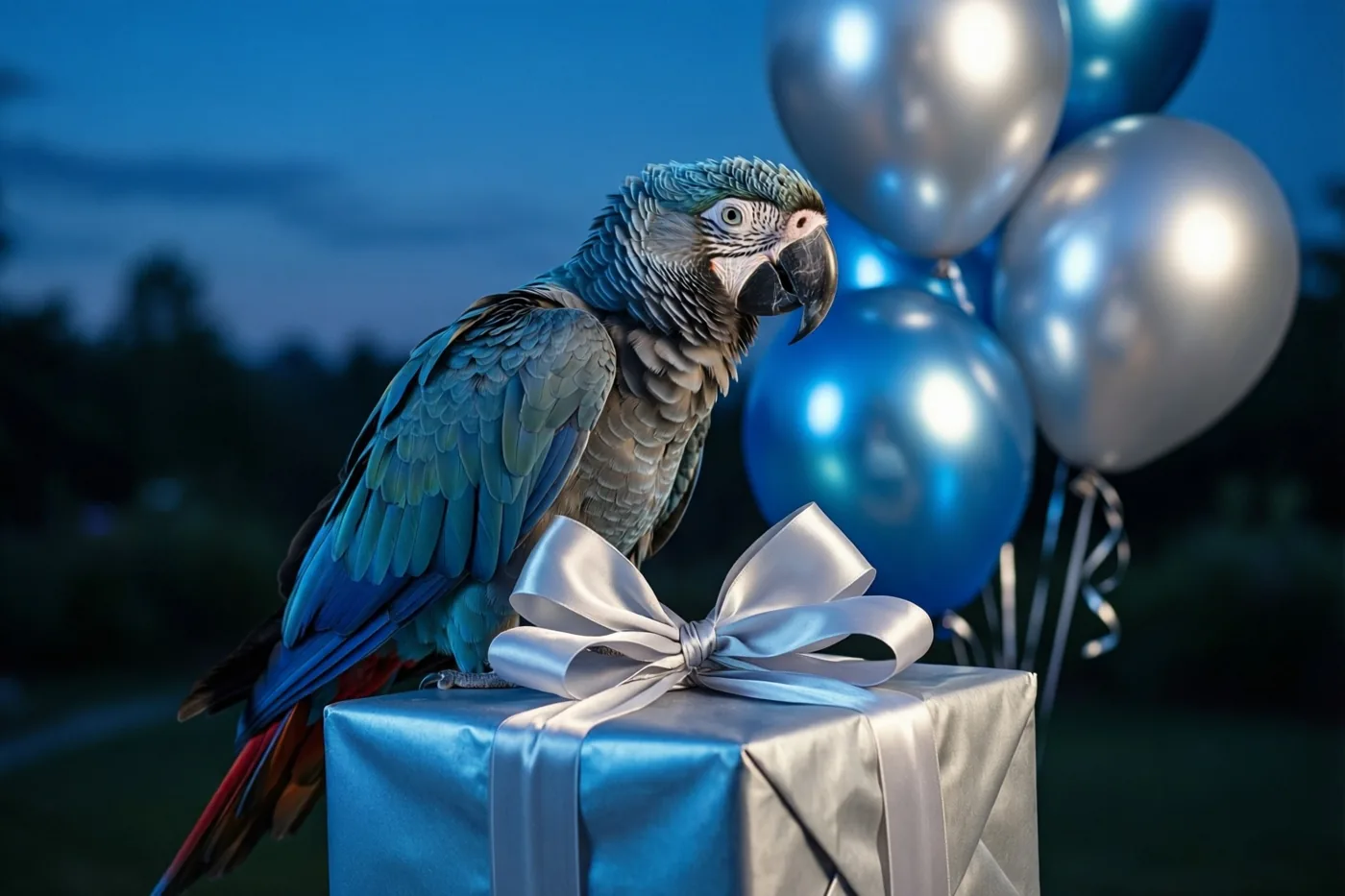 Een blauwgrijze papegaai zit buiten in de schemering op een blauw en zilverkleurig ingepakte cadeaudoos met een grote zilveren strik, met blauwe en zilveren ballonnen op de achtergrond.