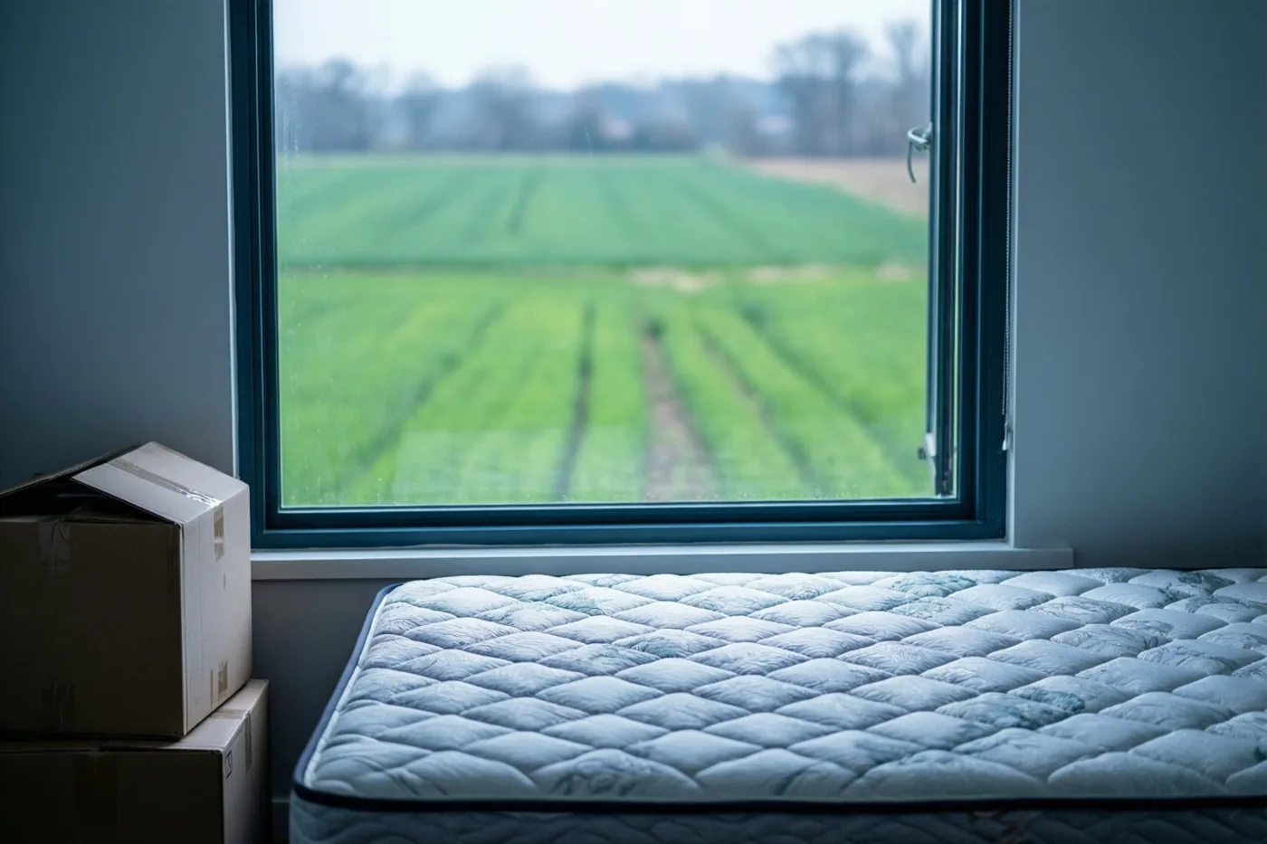 Een matras en kartonnen verhuisdozen staan voor het raam van een kale slaapkamer met blauwgrijze muren en uitzicht op groene landbouwvelden.