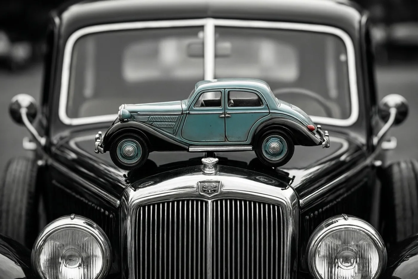 Een kleine blauwgroene blikken speelgoedauto staat op de motorkap van een zwarte klassieke auto, met het autootje in kleur en de achtergrond in zwart-wit.