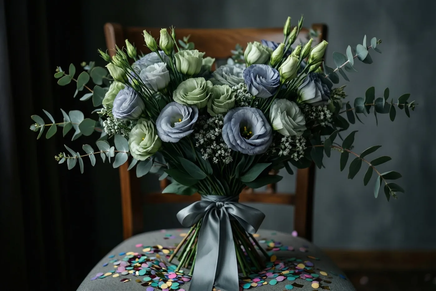 Een boeket blauwe en groene lisianthus met eucalyptus en een grijs zijden lint ligt op een stoelzitting met confetti, met een houten rugleuning tegen een donkere achtergrond.