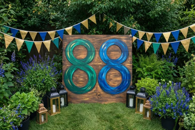Een houten bord met 88 in blauwgroen en blauw staat op het gras tussen vlaggenlijnen, lantaarns, groen en paarse bloemen.