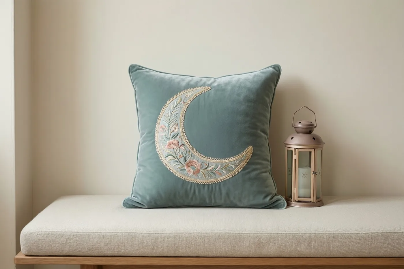 Een blauwgroen fluwelen kussen met een geborduurde maansikkel ligt op een laag houten bankje met een licht zitkussen naast een metalen lantaarn in een zacht verlichte woonkamer met beige muren.