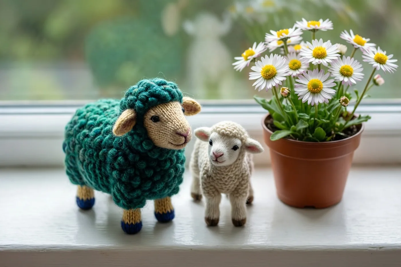 Een groot blauwgroen en een klein crèmekleurig gebreid schaap staan op een witte vensterbank naast een pot witte madeliefjes met gele hartjes, met een tuin onscherp op de achtergrond.