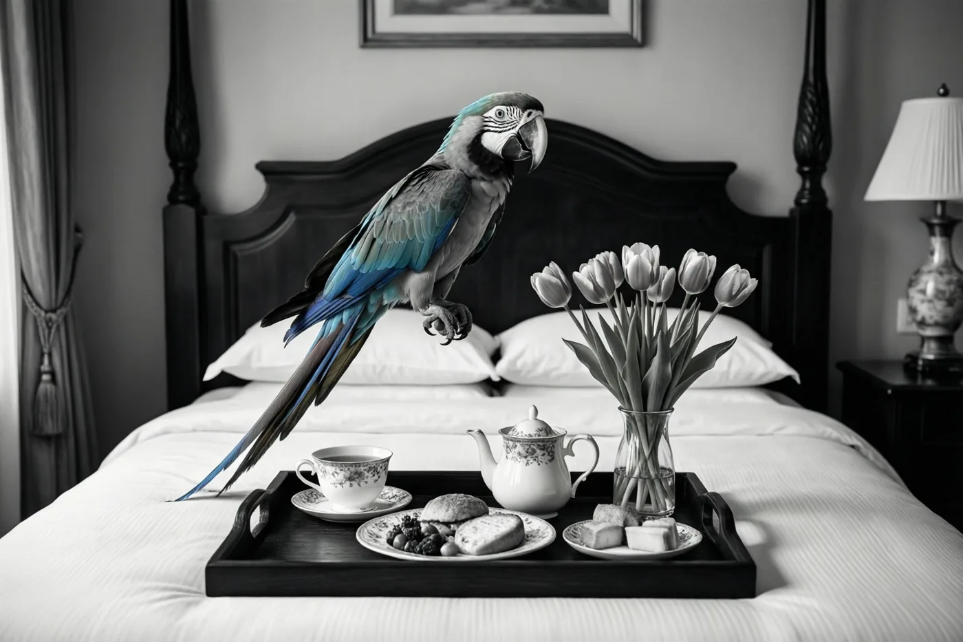 Een blauwgroene ara zit op een donker houten hoofdbord boven een dienblad met thee, gebak en tulpen, in een verder monochrome slaapkamer met een ingelijste prent.