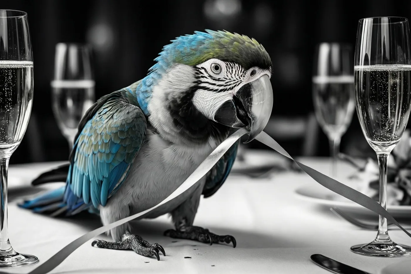 Een blauwgroene ara trekt een zilveren slinger over een wit tafelkleed tussen champagneglazen.
