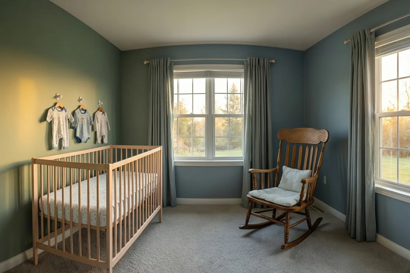 In een blauwgroene babykamer staan een leeg houten babybedje en een schommelstoel, met drie kleine babypakjes aan muurhaakjes en daglicht door ramen met gordijnen.