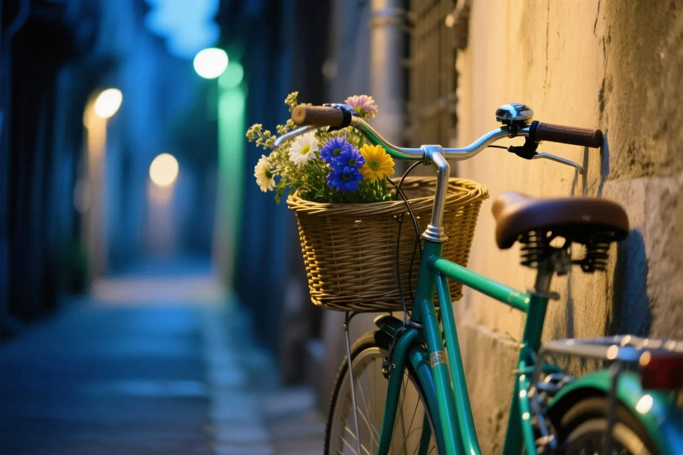 Een blauwgroene fiets met een rieten mand vol kleurrijke bloemen staat tegen een muur met structuur in een smal steegje bij schemering, met warm kunstlicht en koelblauw op de achtergrond.