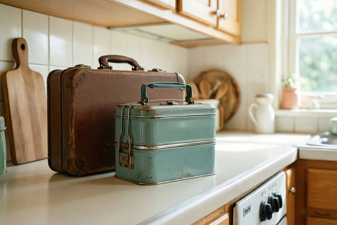 Een blauwgroene blikken brooddoos en een bruine leren aktetas staan naast elkaar op het aanrecht van een warm verlichte retrokeuken met houten kasten en witte wandtegels.