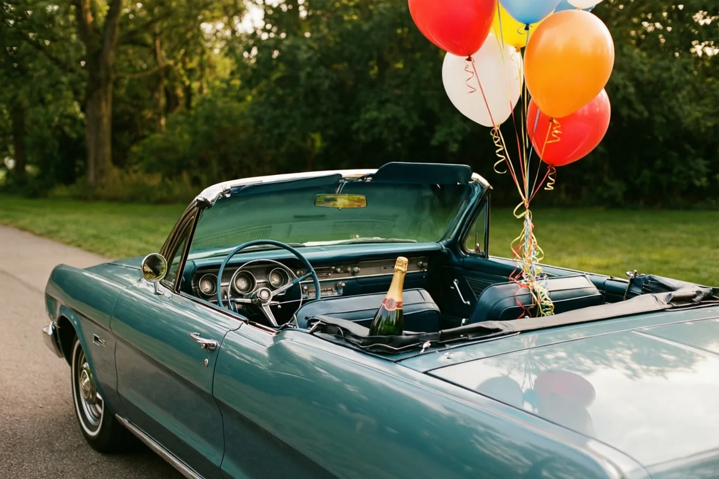 Een blauwgroene oude cabrio staat op een verharde weg bij gras en bomen, met een fles champagne en kleurrijke ballonnen met serpentines op de achterbank.