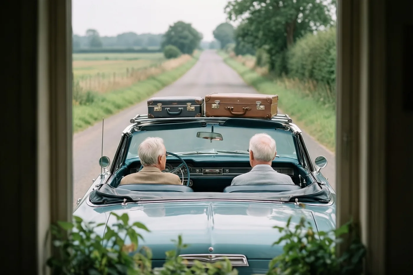 Door een raamomlijsting met groen op de voorgrond is een ouder koppel van achteren te zien in een blauwgroene cabriolet uit de jaren zestig, rijdend over een landweg met koffers op de bagagedrager op het dak.