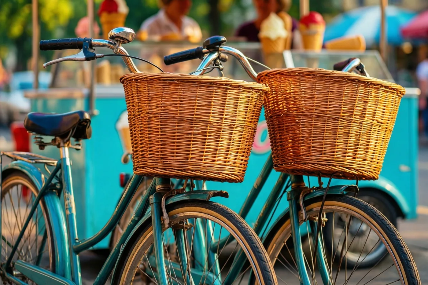 Twee oude blauwgroene fietsen met rieten manden staan naast elkaar voor een turquoise ijskar in warm, goudkleurig zonlicht.