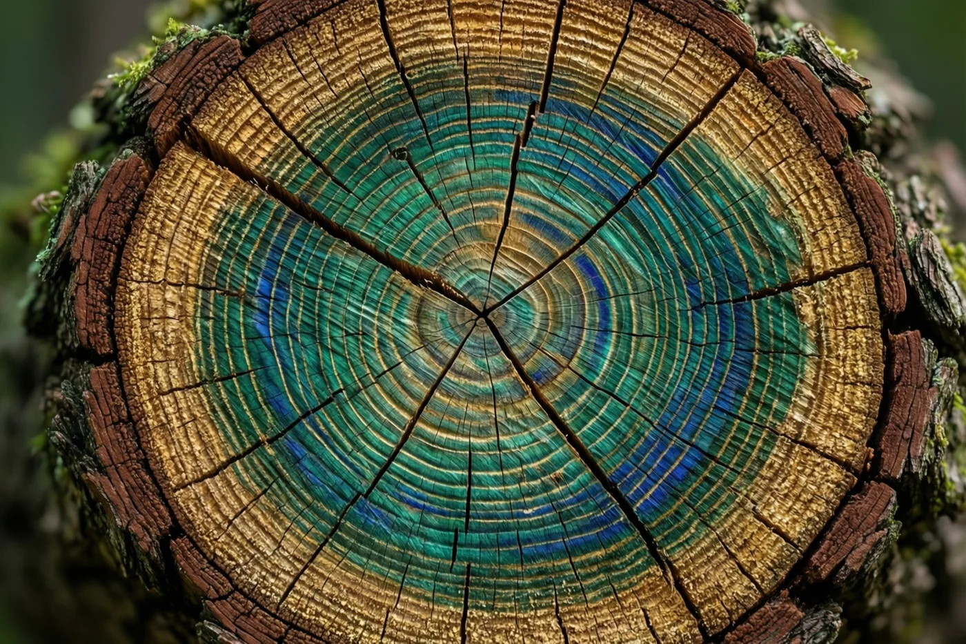 Een doorsnede van een oude eikenstam toont jaarringen in opvallende blauwgroene en blauwe tinten, met mos op de schors.