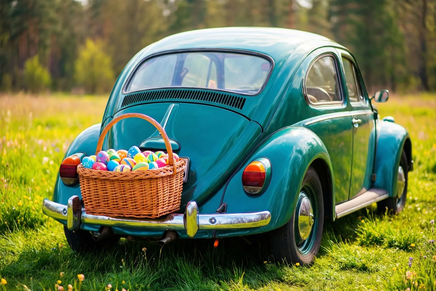 Een oude blauwgroene Volkswagen Kever staat in een zonnige grasweide met bomen op de achtergrond en een overvolle rieten mand beschilderde paaseieren op de achterbumper.