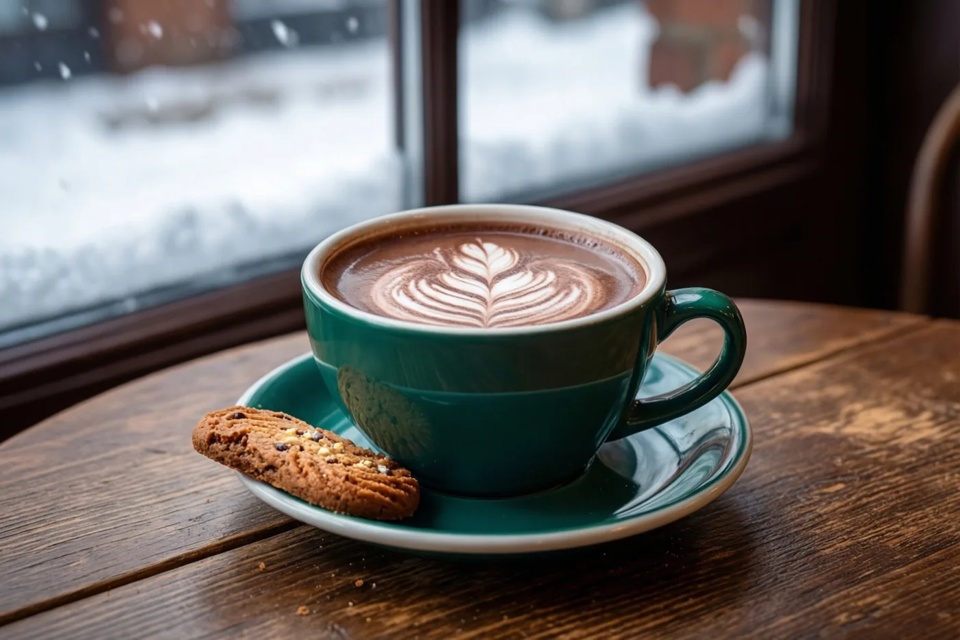 Een blauwgroene kop chocolademelk met een figuurtje in het schuim staat op een bijpassend schoteltje naast een speculooskoekje op een donkere houten tafel, met sneeuw buiten het raam.