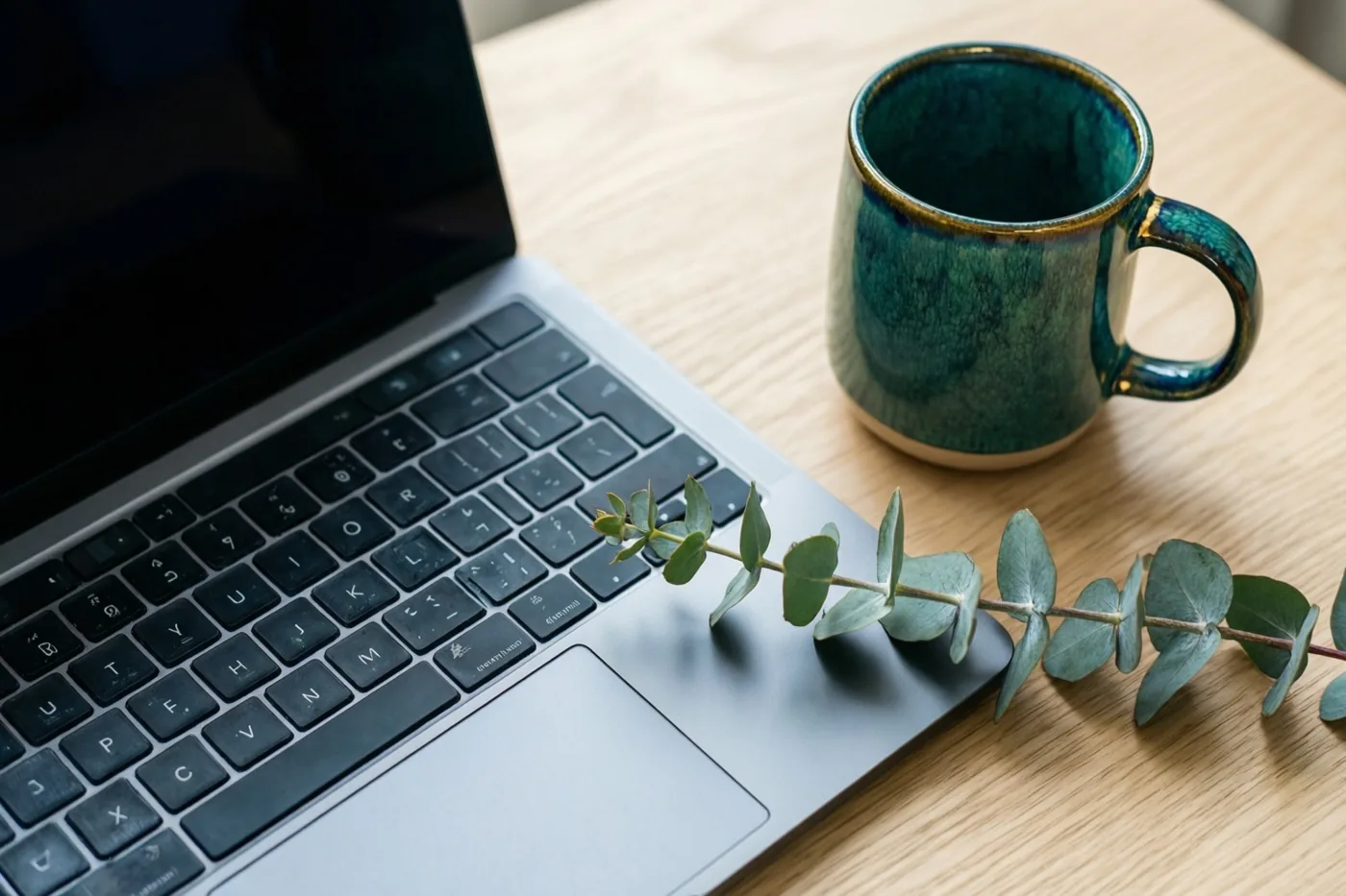 Een zilverkleurige laptop, een blauwgroene keramieken mok en een takje eucalyptus staan en liggen op een licht eiken bureau.