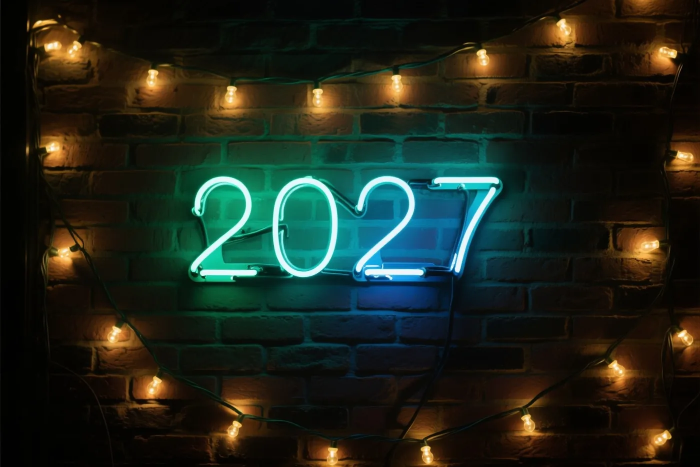 Een blauwgroen neonbord met 2027 hangt op een donkere bakstenen muur, omringd door warme lichtslingers.