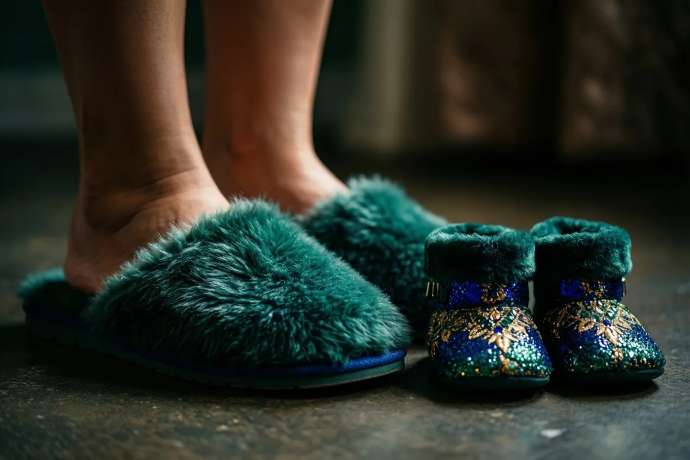 Volwassen voeten in blauwgroene pluizige pantoffels staan op een donkere vloer naast kleine glitterende babyslofjes met hetzelfde ontwerp.