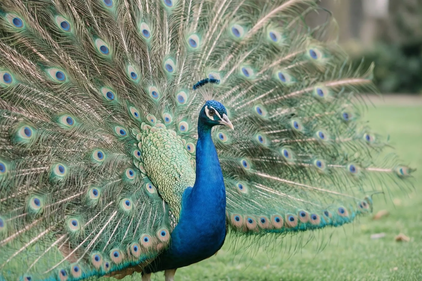 Een pauw staat op groen gras met zijn blauwgroene staart volledig uitgespreid en oogvormige patronen op de veren.
