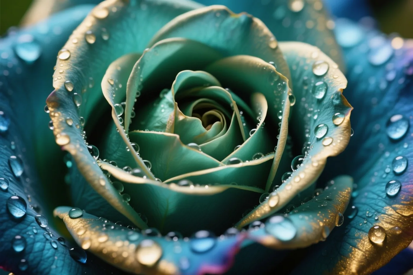 Een roos met blauwgroene en gouden bloemblaadjes vol waterdruppels staat scherp tegen een vervaagde achtergrond.