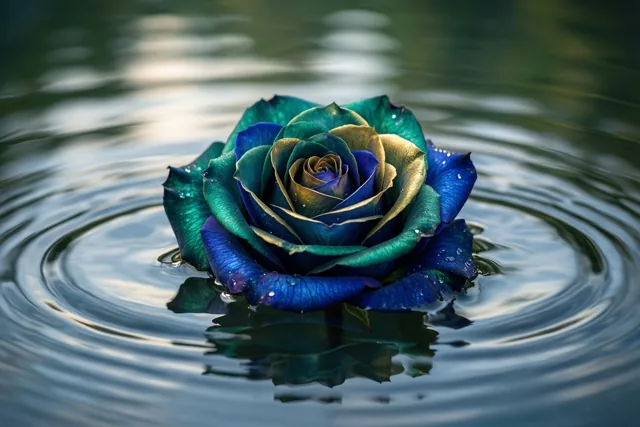 Een blauwgroene roos drijft op kalm water met zachte, ronde rimpelingen eromheen in diepe blauwe en groene tinten.