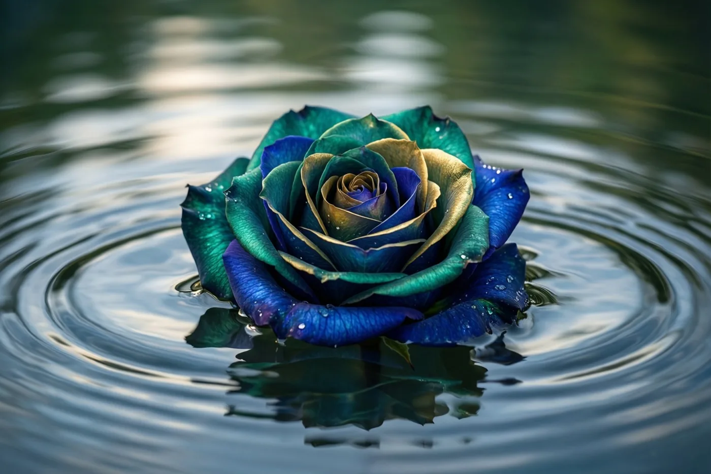 Een blauwgroene roos drijft op kalm water met zachte, ronde rimpelingen eromheen in diepe blauwe en groene tinten.