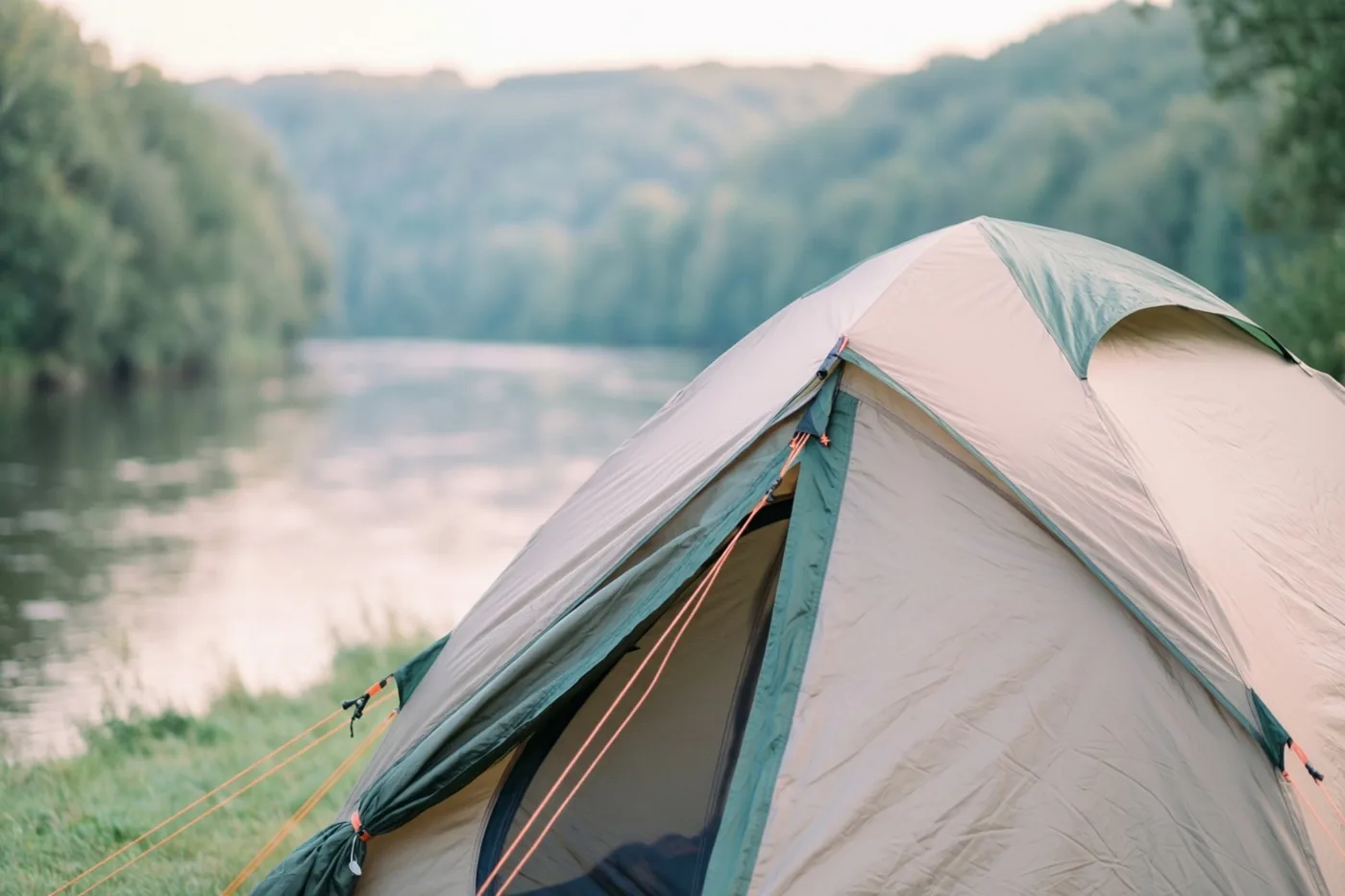 Een beige en blauwgroene tent staat in zacht licht op een grasrijke oever bij een kalme rivier en beboste heuvels.