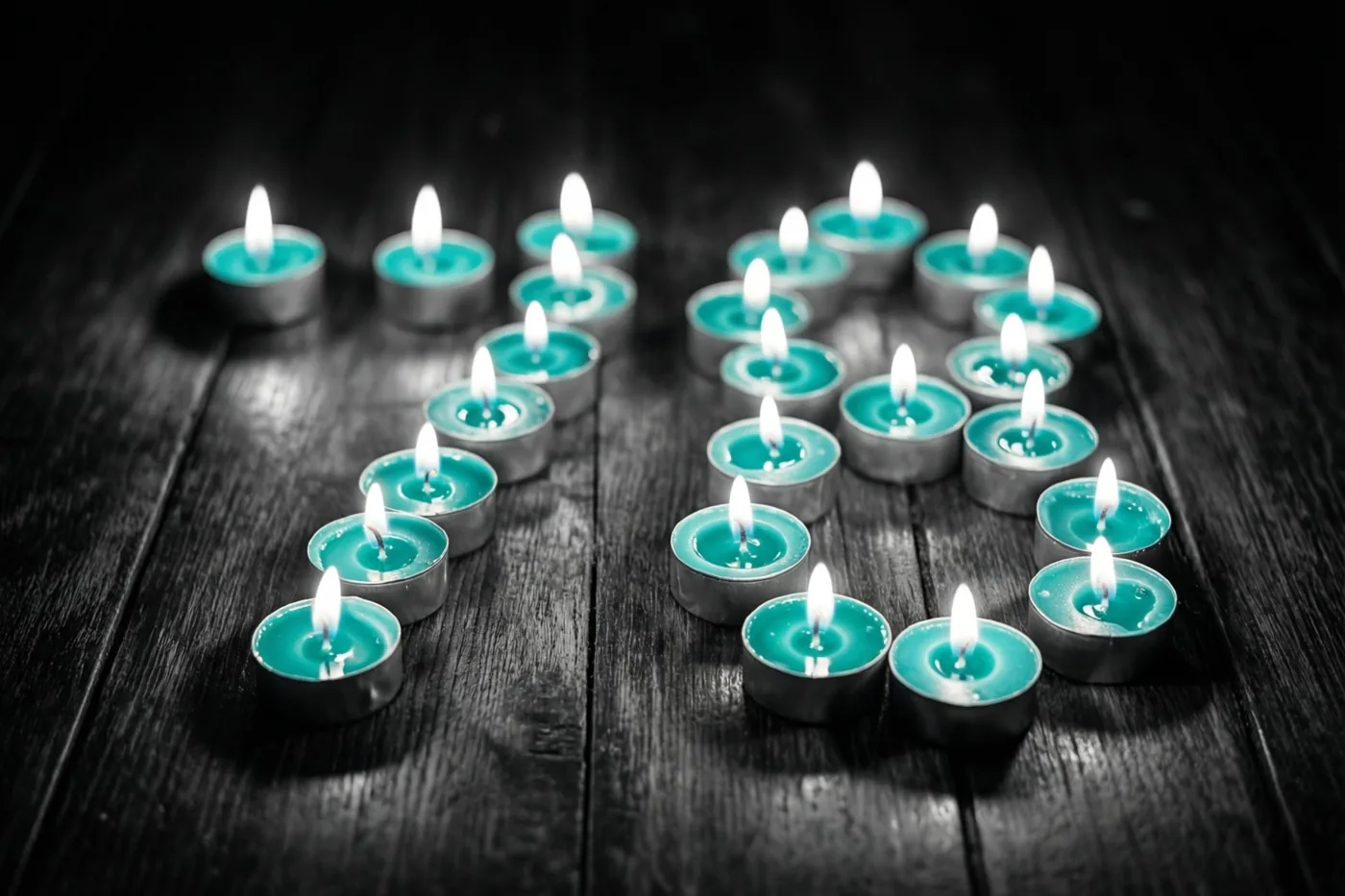 Brandende blauwgroene theelichtjes vormen 78 op een donkere houten vloer.