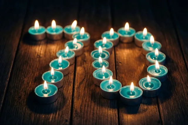 Blauwgroene theelichtjes in zilverkleurige houders vormen brandend het getal 70 op een donkerbruine houten vloer.