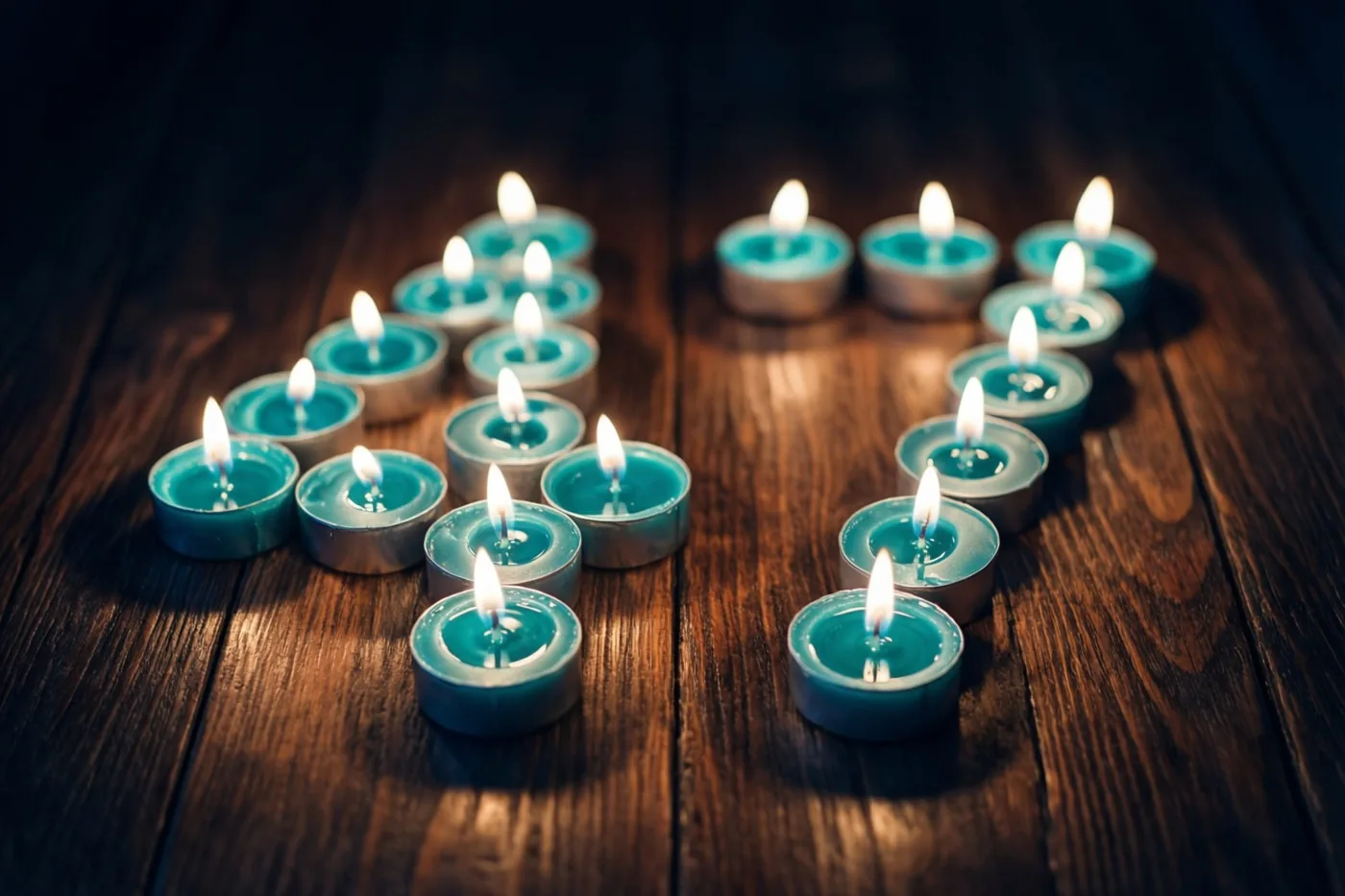 Brandende blauwgroene theelichtjes vormen het getal 47 op een donkere houten vloer met een warme gloed eromheen.