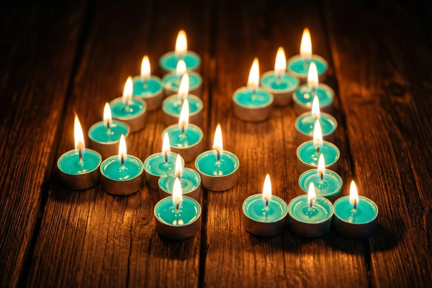 Brandende blauwgroene theelichtjes in zilveren houders vormen het getal 41 op een donkere houten vloer.