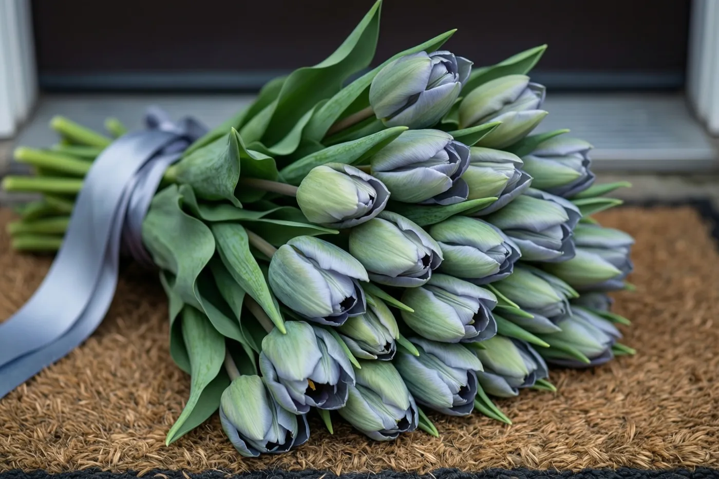 Een boeket lichtblauwe en groene tulpen met een zilverkleurig lint ligt op een bruine deurmat bij een voordeur met een donker deurkader.