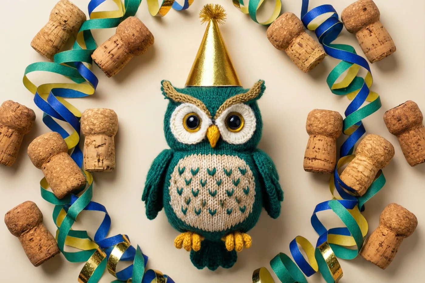 Een blauwgroene gebreide uil met een gouden feesthoedje zit tussen champagnekurken en blauwe, groene en gouden serpentines tegen een effen gebroken witte achtergrond.