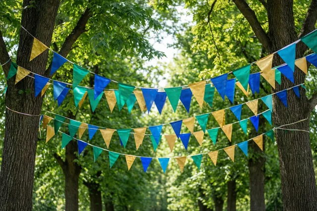 Felgekleurde driehoekige vlaggetjes hangen tussen twee bomen in een zonnig bos, met vooral blauwe, groene en goudkleurige tinten.