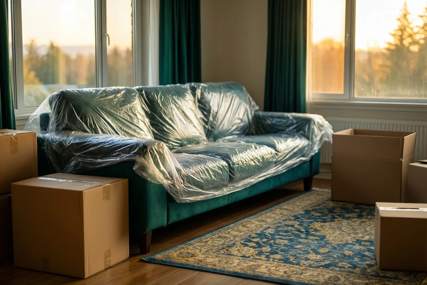 Een blauwgroene zetel in doorzichtig plastic staat tussen verhuisdozen op een blauw-goudkleurig tapijt, in een kamer met een houten vloer en groene gordijnen bij ramen met uitzicht op de zonsondergang.