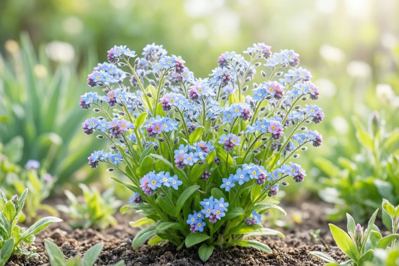 Blauwe en paarse vergeet-mij-nietjes groeien in een tuinperk, waar hun stengels en bladeren een hart vormen tegen een onscherpe groene achtergrond.