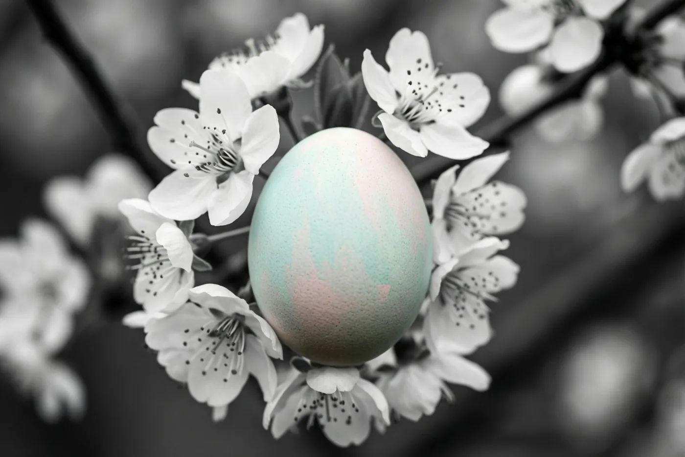 Een ei in zachte blauwe en roze tinten ligt tussen witte bloesems, terwijl de rest van de foto in zwart-wit is weergegeven.