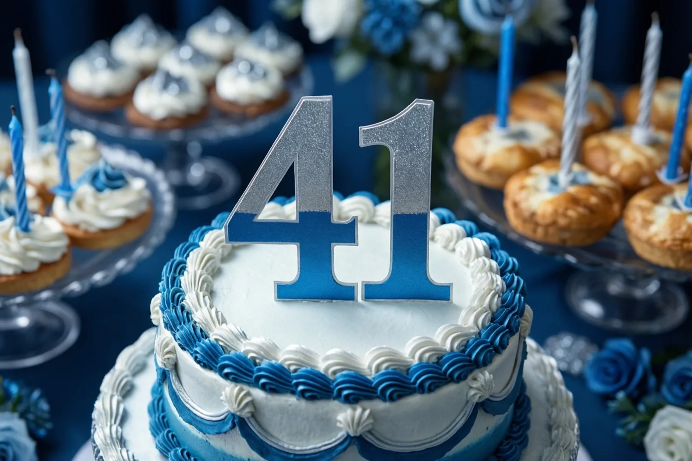 Een stapeltaart met blauw-wit glazuur en een zilver-blauwe taarttopper met 41 staat tussen cupcakes en gebak op glazen standaards, op een donkerblauw tafelkleed met blauw-witte bloemendecoratie.