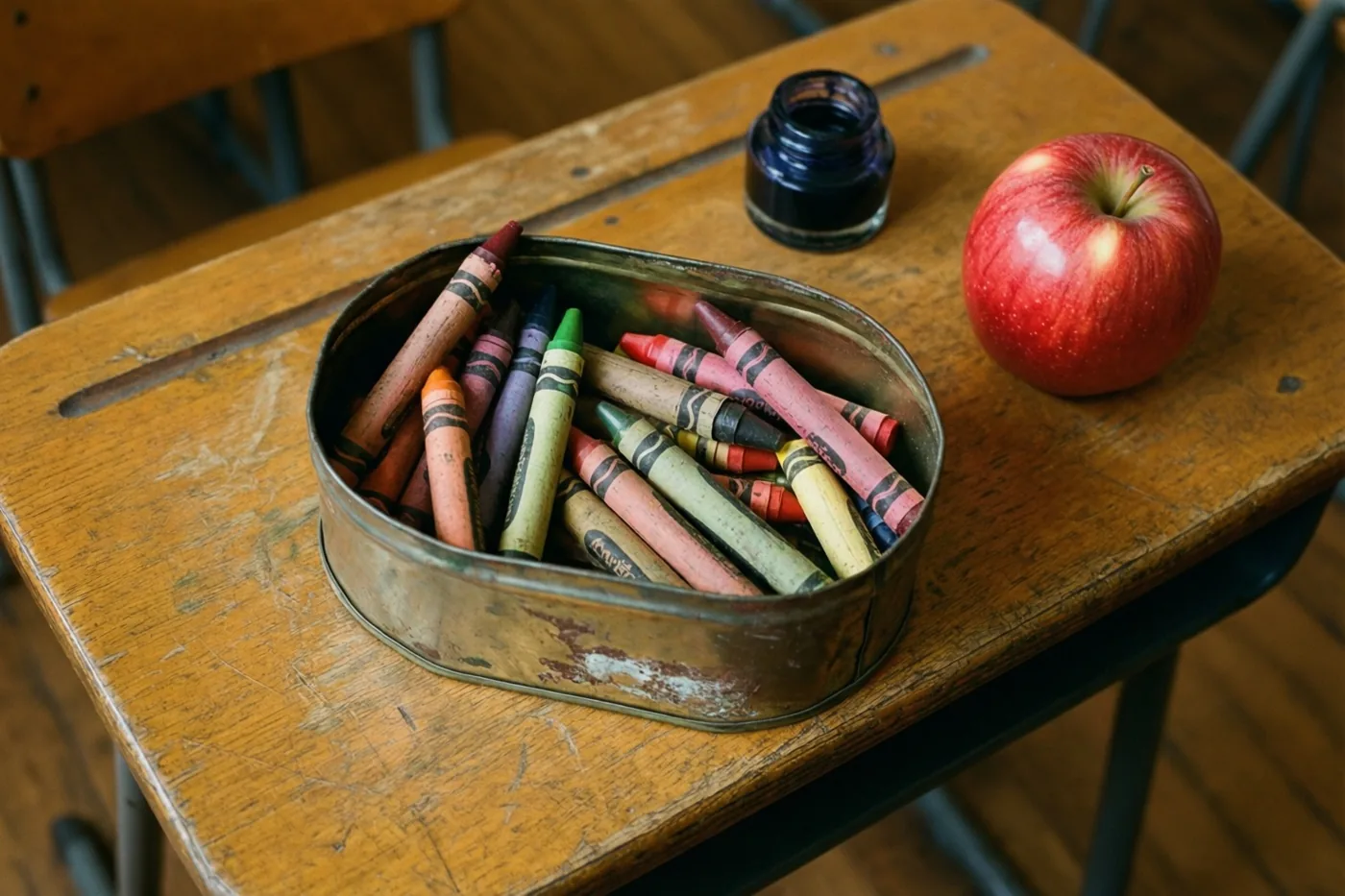 Een gedeukt metalen blik met gebruikte waskrijtjes staat op een versleten houten schoolbank naast een glanzende rode appel en een kleine donkere inktpot.
