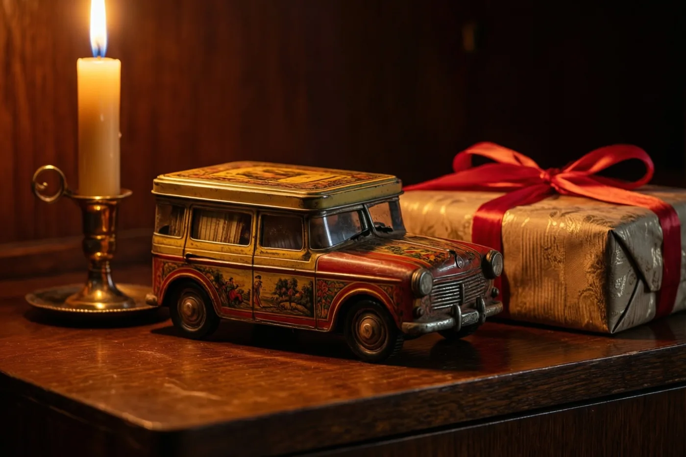 Een oud blikken speelgoedautootje en een ingepakt geschenk staan naast een brandende communiekaars op een donkerhouten dressoir in warme goudkleurige en rode tinten.