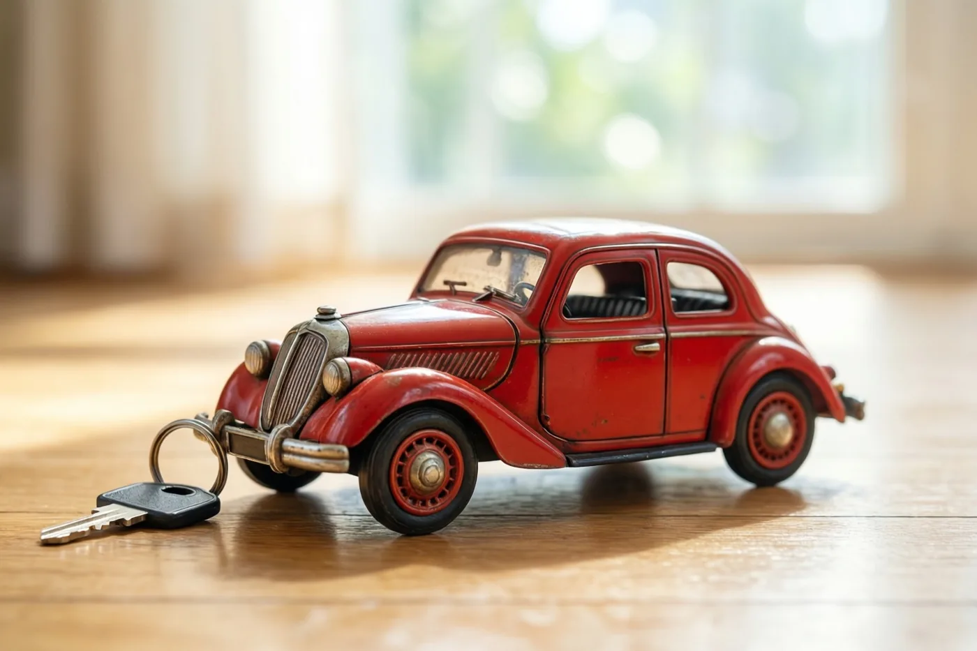 Een rood blikken opwindautootje met een sleutel aan een ring staat op een zonnige houten vloer, met een raam op de onscherpe achtergrond.