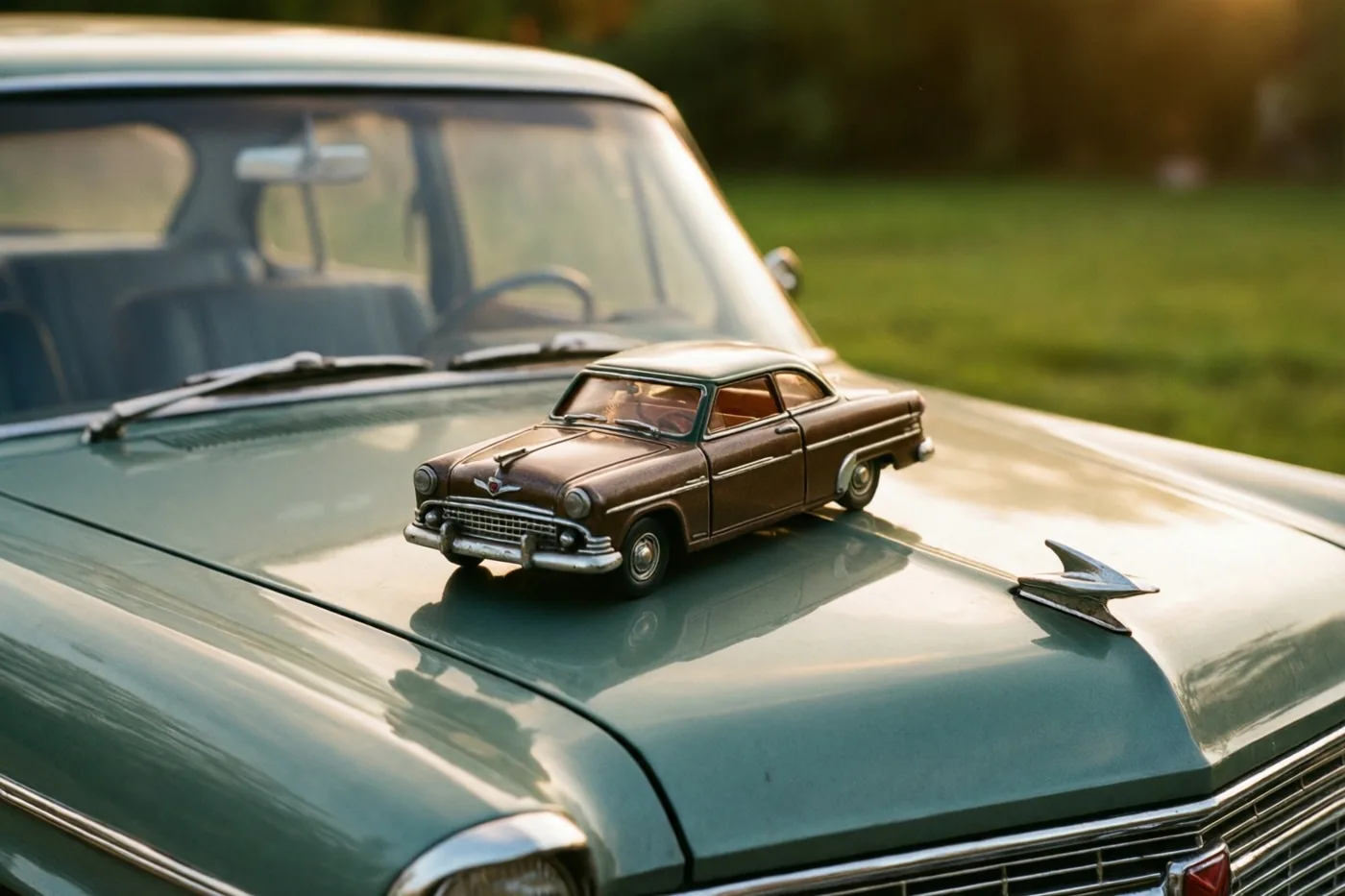 Een kleine oude blikken speelgoedauto staat op de motorkap van een grotere klassieke auto in warm goudkleurig zonlicht, met een onscherpe groene achtergrond.