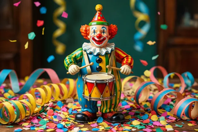 Een blikken clown viert mee