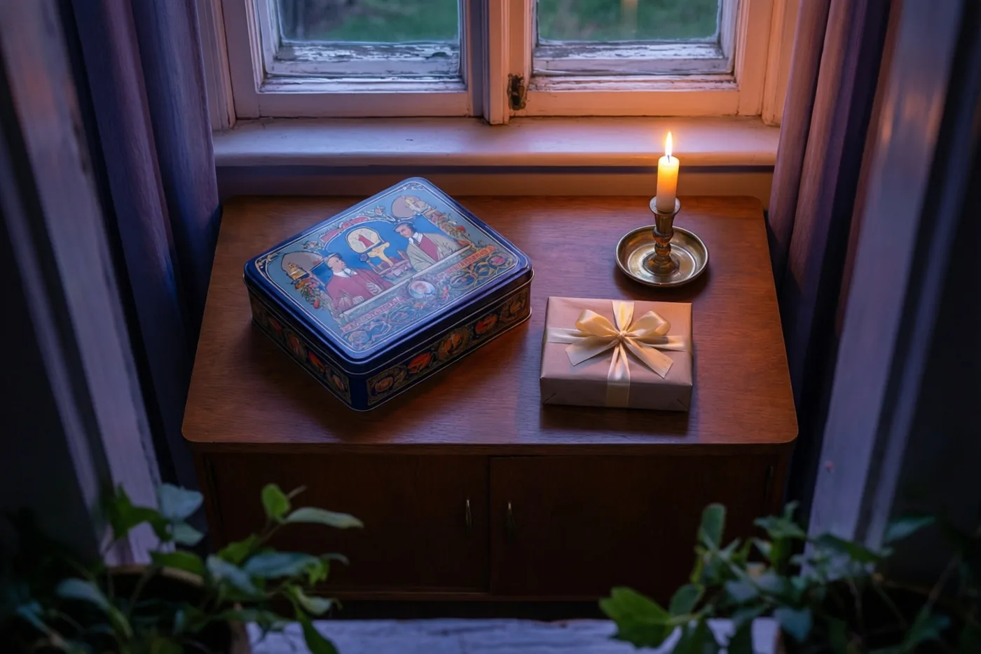 Een oud blikken doosje en een ingepakt geschenk staan naast een brandende communiekaars op een houten dressoir in kaarslicht en daglicht.