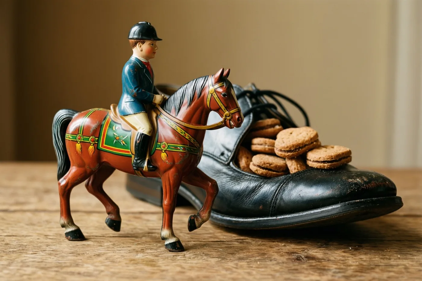 Een oud blikken speelgoedfiguurtje van een jongen op een paard staat naast een zwarte leren schoen vol pepernoten op een houten ondergrond.
