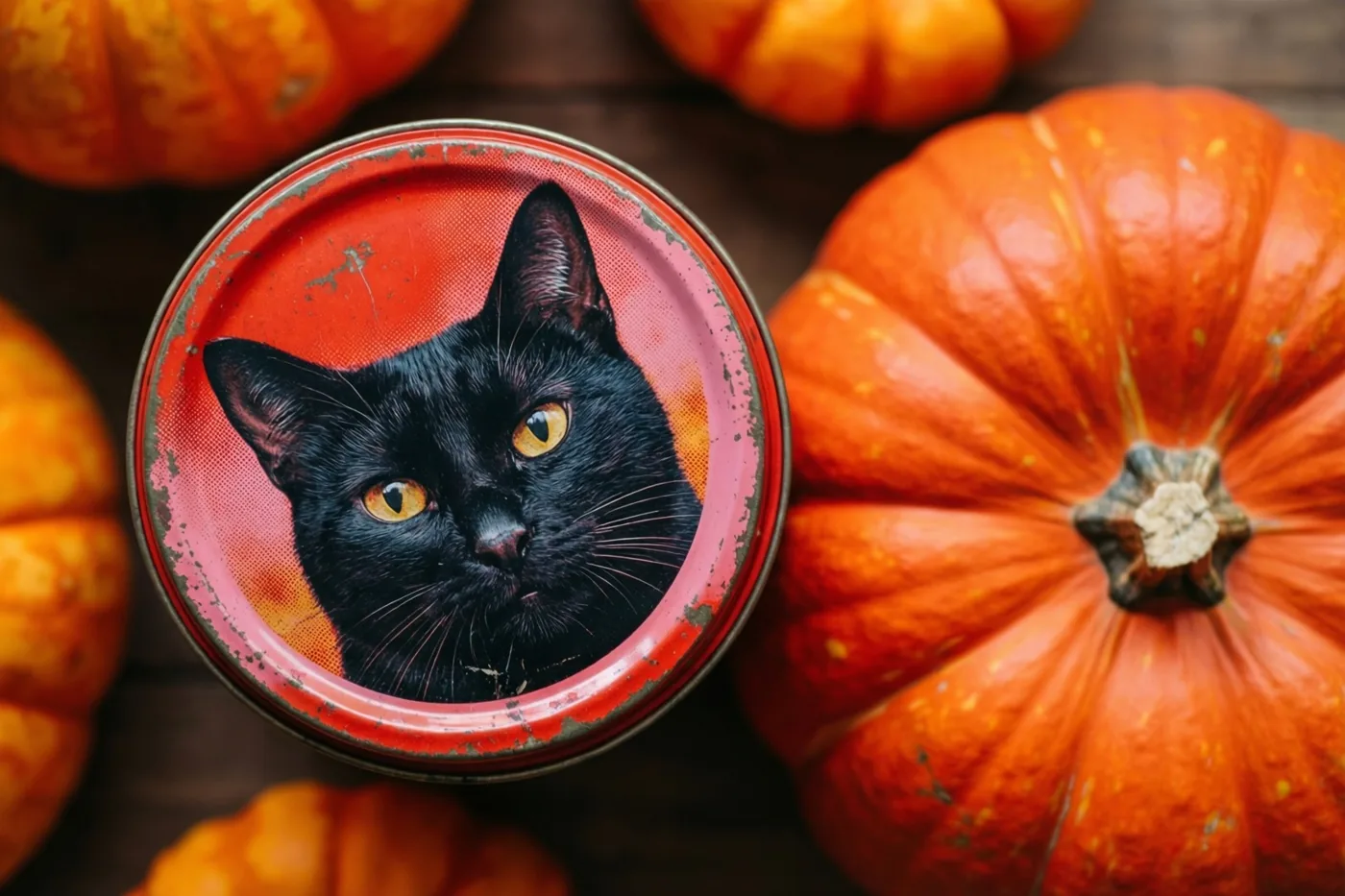 Een blikken deksel in retrostijl met een afbeelding van een zwarte kat ligt tussen oranje pompoenen op een houten oppervlak in warme rode, oranje en zwarte tinten.