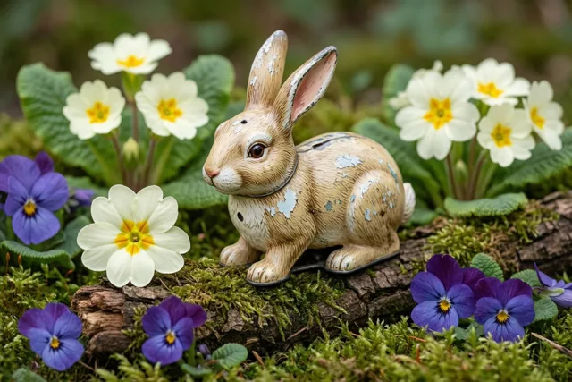 Een speelgoedkonijn begroet de lente