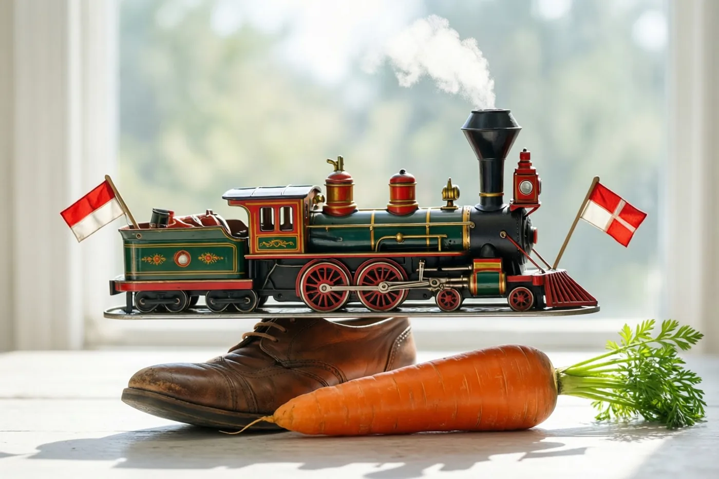 Een oude blikken stoomlocomotief met rode en witte vlaggen balanceert op een bruine leren schoen naast een wortel met loof, bij een helder raam.